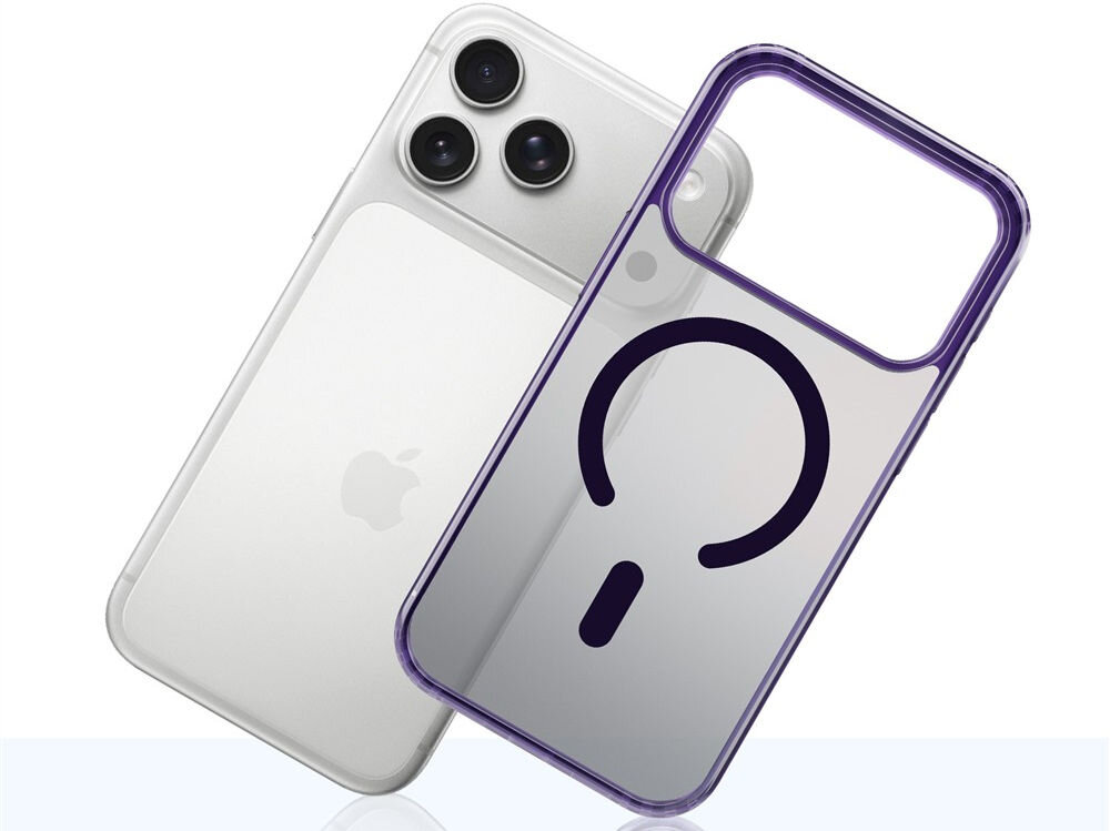 Etui 3MK Frosty MagCase do Apple iPhone 17 Pro Max Fioletowy etui a obok telefon pod kątem na białym tle certyfikat Military Grade wysoki poziom bezpieczeństwa