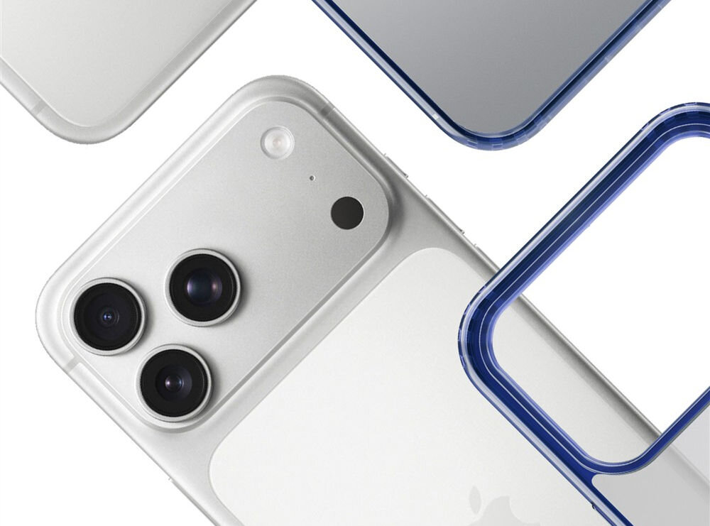 Etui 3MK Frosty MagCase do Apple iPhone 17 Pro Niebieski Kompozycja transparentnych etui z technologią MagSafe ułożonych pod kątem na białym tle i telefon specjalnie wzmocnione podwyższone krawędzie wokół aparatu ochrona delikatnych soczewek