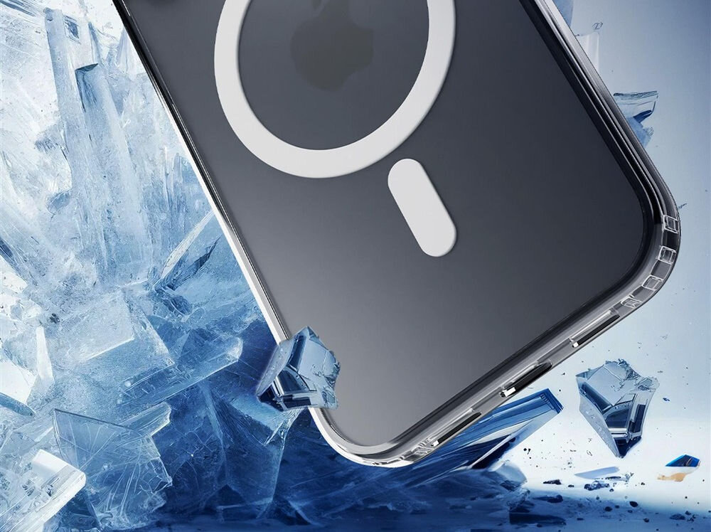 Etui 3MK Frosty MagCase do Apple iPhone 17 Biały Etui z technologią MagSafe unoszące się nad rozbitym szkłem, symbolizujące ochronę przed uderzeniami