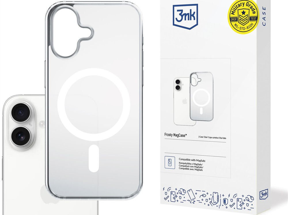 Etui 3MK Frosty MagCase do Apple iPhone 17 Biały prezentacja etui z telefonem i opakowaniem na białym tle długoletnie badania ewolucja razem z potrzebami użytkowników bezpieczeństwo trwałość