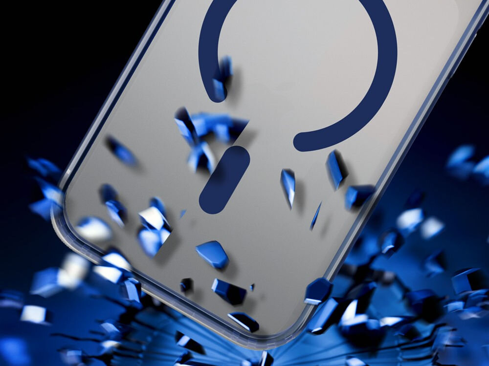 Etui 3MK Frosty MagCase do Apple iPhone 17 Pro Max Niebieski Etui z technologią MagSafe unoszące się nad rozbitym szkłem, symbolizujące ochronę przed uderzeniami