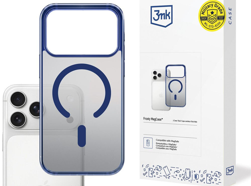 Etui 3MK Frosty MagCase do Apple iPhone 17 Pro Max Niebieski prezentacja etui z telefonem i opakowaniem na białym tle długoletnie badania ewolucja razem z potrzebami użytkowników bezpieczeństwo trwałość