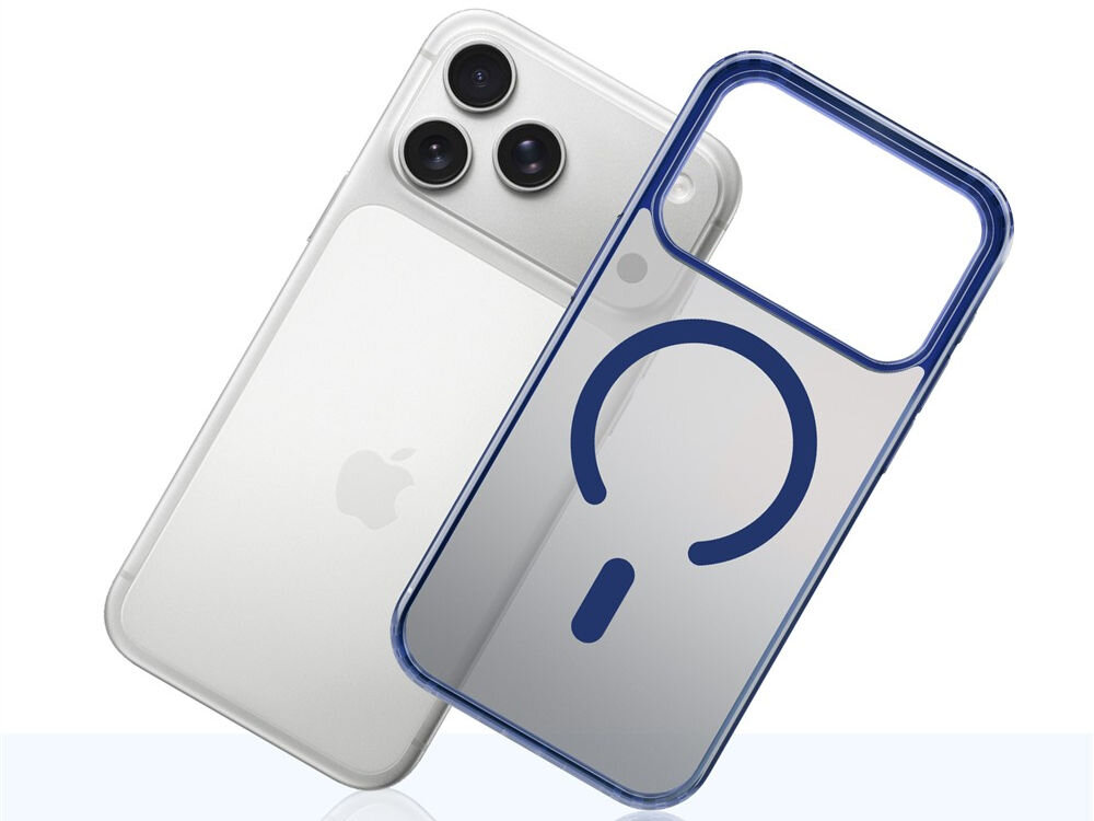 Etui 3MK Frosty MagCase do Apple iPhone 17 Pro Max Niebieski etui a obok telefon pod kątem na białym tle certyfikat Military Grade wysoki poziom bezpieczeństwa