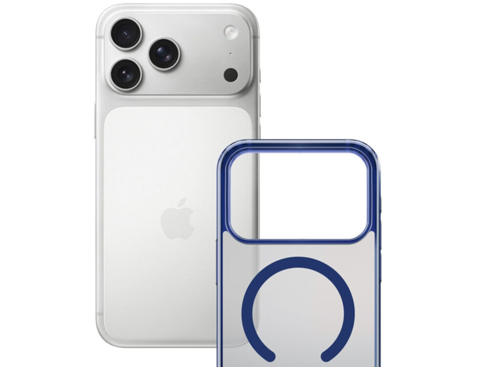 Etui 3MK Frosty MagCase do Apple iPhone 17 Pro Max Niebieski prezentacja telefonu i etui na białym tle technologia Easy Click Buttons dokładność obsługi urządzenia swobodny dostęp do przycisków