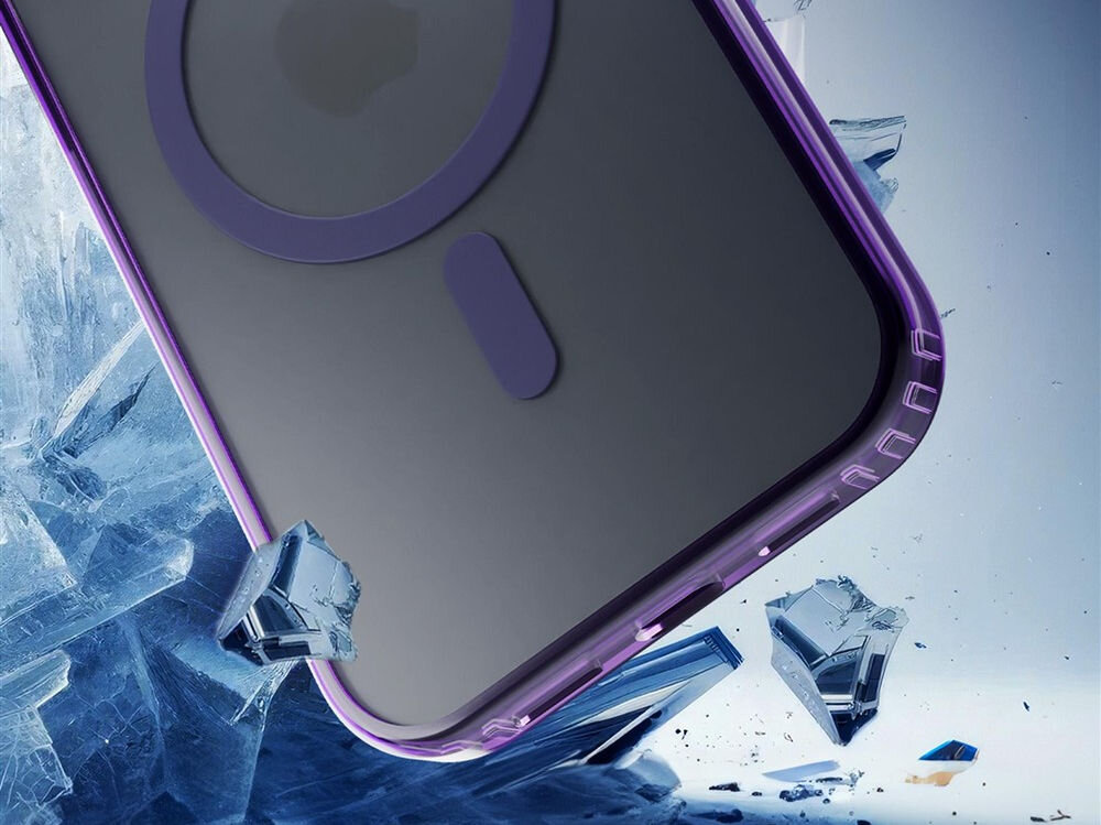 Etui 3MK Frosty MagCase do Apple iPhone 17 Fioletowy Etui z technologią MagSafe unoszące się nad rozbitym szkłem, symbolizujące ochronę przed uderzeniami