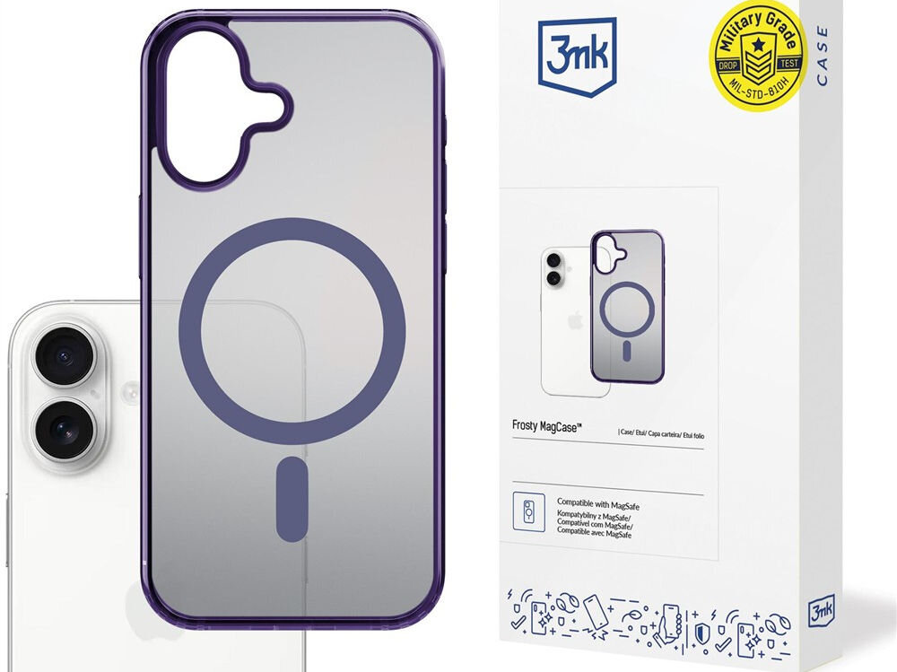 Etui 3MK Frosty MagCase do Apple iPhone 17 Fioletowy prezentacja etui z telefonem i opakowaniem na białym tle długoletnie badania ewolucja razem z potrzebami użytkowników bezpieczeństwo trwałość