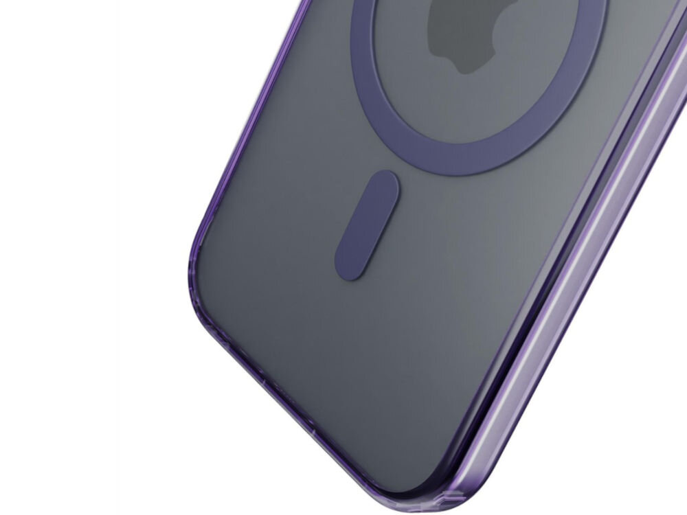 Etui 3MK Frosty MagCase do Apple iPhone 17 Fioletowy Zbliżenie pod kątem na dolną część tyłu transparentnego etui na telefon białe tło certyfikat Military Grade wysoki poziom bezpieczeństwa