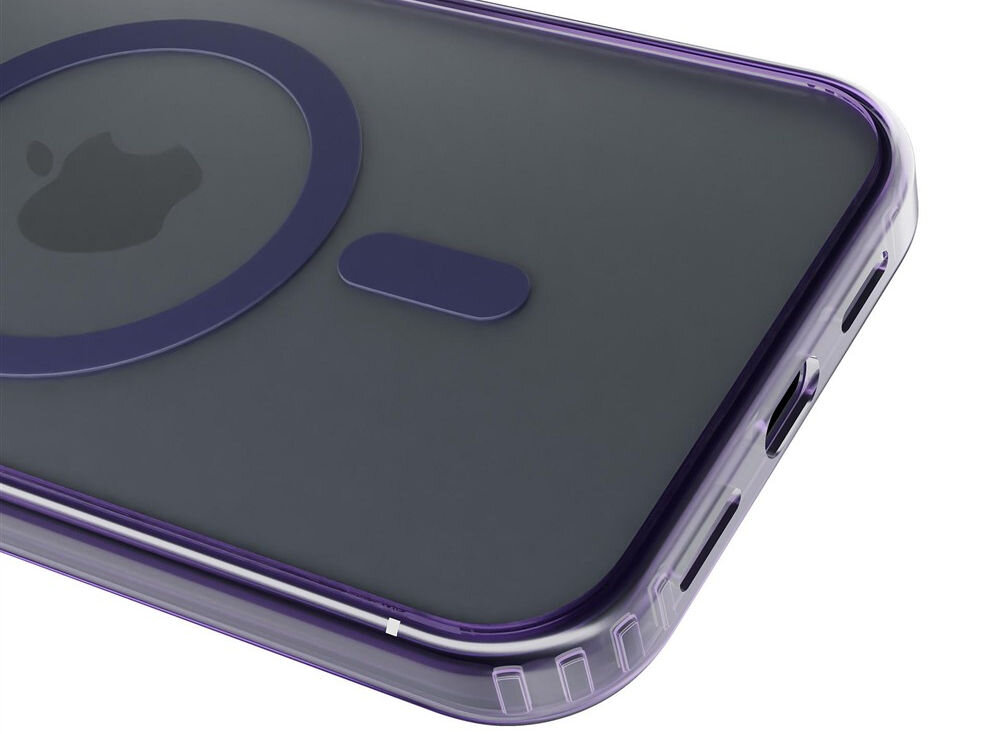 Etui 3MK Frosty MagCase do Apple iPhone 17 Fioletowy Zbliżenie na dolną krawędź transparentnego etui na telefon, ukazujące port ładowania i głośnik technologia Easy Click Buttons dokładność obsługi urządzenia swobodny dostęp do przycisków