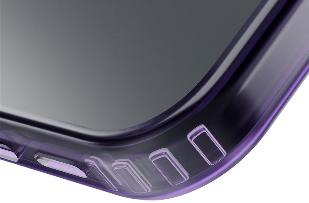 Etui 3MK Frosty MagCase do Apple iPhone 17 Fioletowy Zbliżenie na narożnik transparentnego etui na telefon, ukazujące wzmocnioną konstrukcję chroniącą przed upadkami antypoślizgowe krawędzie ogranicza ryzyko przypadkowego upuszczenia