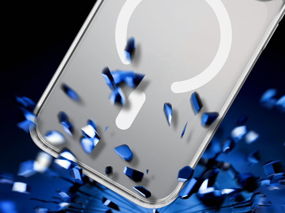 Etui 3MK Frosty MagCase do Apple iPhone 17 Pro Biały Etui z technologią MagSafe unoszące się nad rozbitym szkłem, symbolizujące ochronę przed uderzeniami