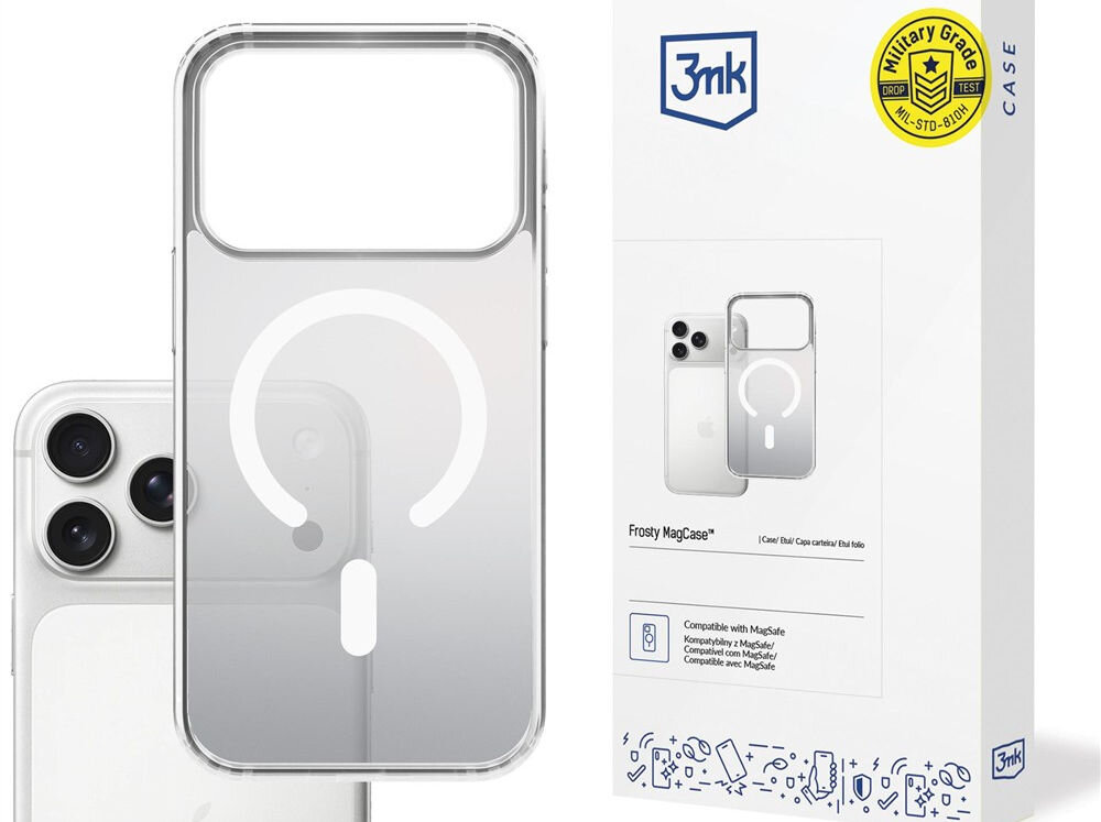 Etui 3MK Frosty MagCase do Apple iPhone 17 Pro Biały prezentacja etui z telefonem i opakowaniem na białym tle długoletnie badania ewolucja razem z potrzebami użytkowników bezpieczeństwo trwałość