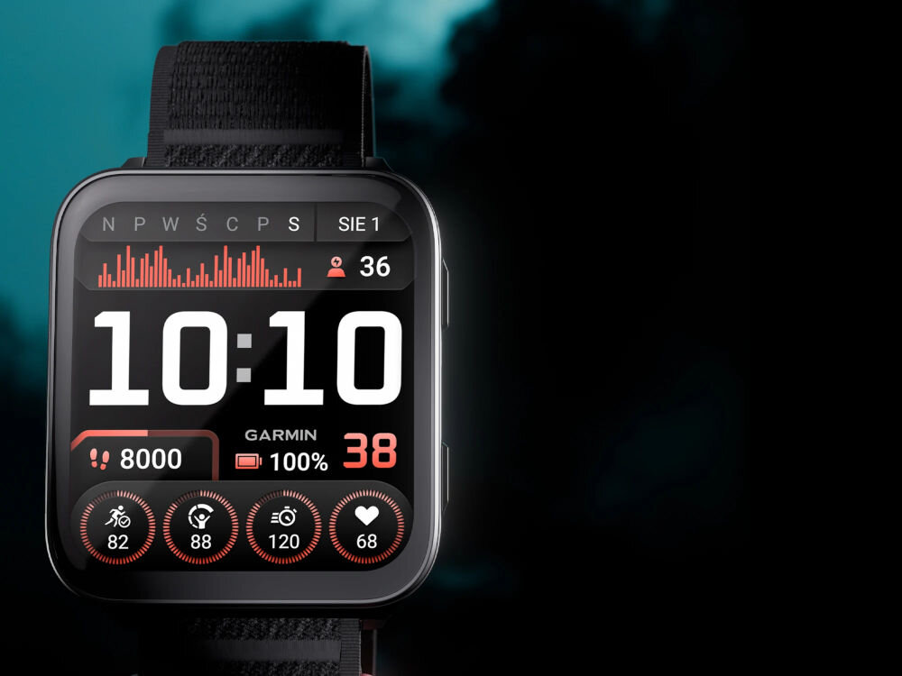 Smartwatch GARMIN Venu X1 Zbliżenie na tarczę smartwatcha wyświetlającą godzinę 10:10 oraz wskaźniki aktywności, takie jak puls, liczba kroków (8000), stan baterii (100%), statystyki tygodniowe i różne sporty. Tło jest ciemne, niebiesko-zielone.