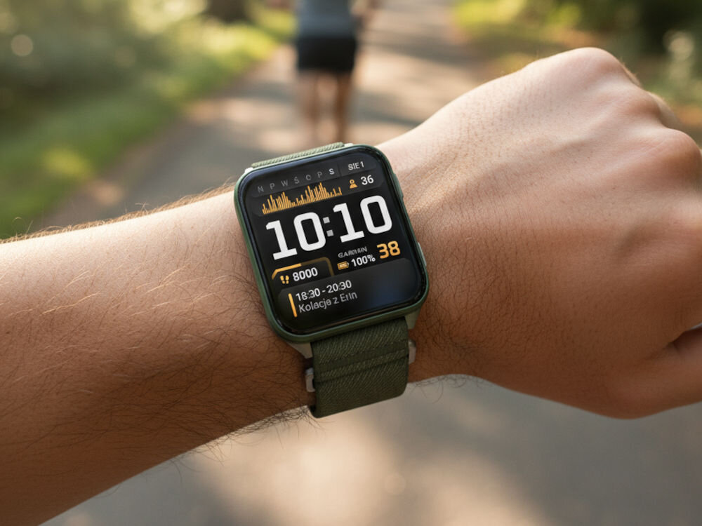 Smartwatch GARMIN Venu X1 Zbliżenie na nadgarstek osoby, która ma na sobie smartwatch z widoczną tarczą. Na tarczy jest godzina 10:10, stan baterii 100%, cel kroków 8000 i wpis w kalendarzu. W tle zamazana postać biegnąca po leśnej ścieżce