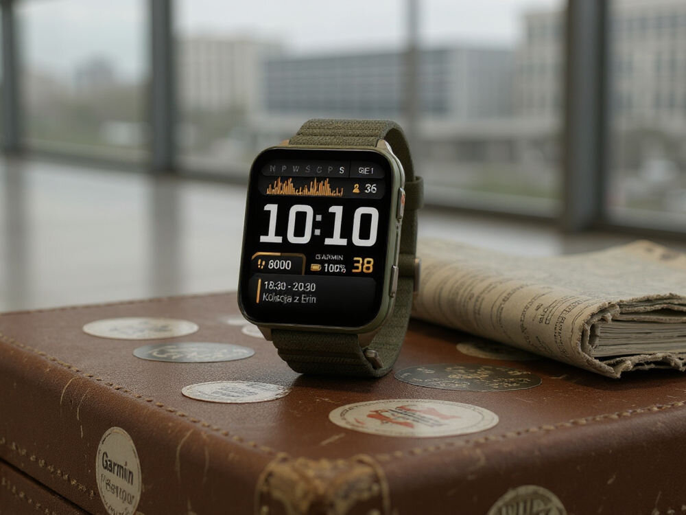 Smartwatch GARMIN Venu X1 Smartwatch z zielonym paskiem leżący na brązowej walizce ozdobionej naklejkami. Na ekranie tarczy widoczna jest godzina 10:10, wskaźnik celu kroków (8000), stan baterii (100%) oraz wpis w kalendarzu. Obok leży zwinięta gazeta. W tle widać duże okno z widokiem na miasto.