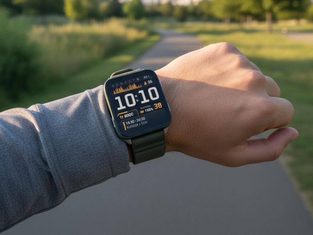 Smartwatch GARMIN Venu X1 Zbliżenie na nadgarstek osoby w szarej bluzie, która ma na sobie smartwatch z zielonym paskiem. Tarcza wyświetla godzinę 10:10, stan baterii (100%), cel kroków (8000) i wpis w kalendarzu. W tle znajduje się ścieżka spacerowa lub rowerowa w parku lub lesie, oświetlona słońcem.