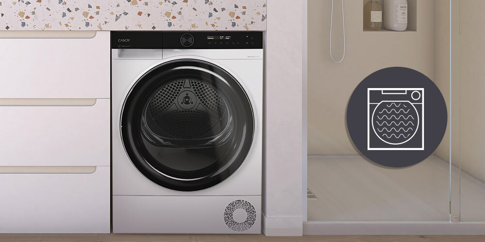SUSZARKA CANDY AI PRODRY 700 BS H9N2B-S wizualizacja lifestyle ikona suszarka front zamknięta Technologia pompy ciepła cyrkulacja powietrza niższe zużycie energii delikatne dokładne suszenie energooszczędność dbałość o Tkaniny