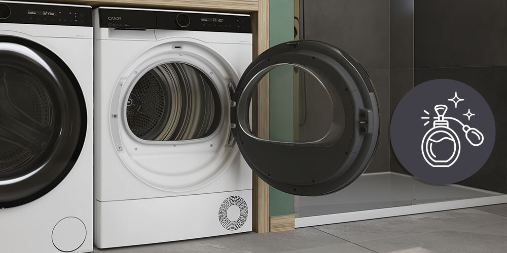 SUSZARKA CANDY AI PRODRY 700 BS H9N2B-S wizualizacja lifestyle otwarte drzwiczki puste wnętrze bęben ikona perfum Świeżość na długo miejsce na zapachy perfumy System Active Scent świeże pachnące ubrania bezpieczne bez plam