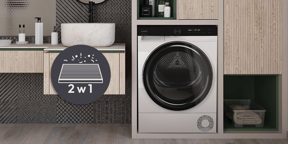 SUSZARKA CANDY AI PRODRY 700 BS H9N2B-S wizualizacja lifestyle łazienka zabudowa ikona filtra Filtr 2 w 1 usuwanie zanieczyszczeń kłaczków