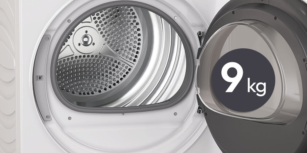 SUSZARKA CANDY AI PRODRY 700 BS H9N2B-S wizualizacja lifestyle bęben wnętrze puste otwarte drzwiczki ikona pojemność Duża 9 kg