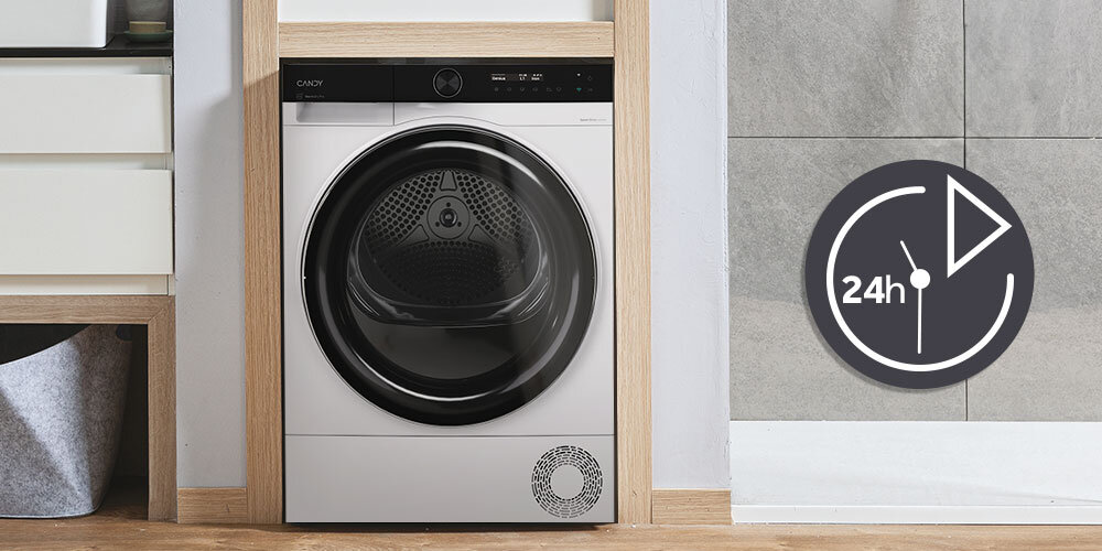 SUSZARKA CANDY AI PRODRY 700 BS H9N2B-S wizualizacja lifestyle łazienka zabudowa ikona planowanie godziny rozpoczęcia opóźnienie startu start stop czas