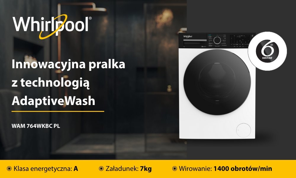 PRALKA WHIRLPOOL WAM 764WKBC PL wizualizacja lifestyle hasło marka model cechy najważniejsze funkcje pojemność wirowanie obroty pralka front zamknięta panel pokrętło Pralka do zadań specjalnych
