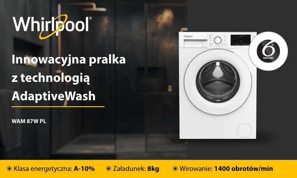 PRALKA WHIRLPOOL WAM 87W PL wizualizacja lifestyle hasło marka model cechy najważniejsze funkcje pojemność wirowanie obroty pralka front zamknięta panel pokrętło Pralka do zadań specjalnych