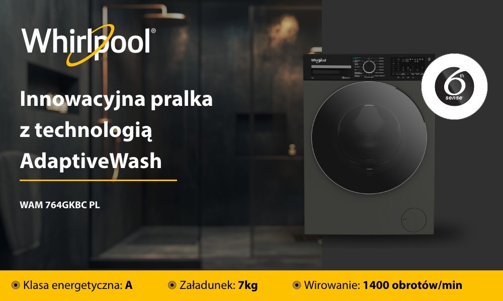 PRALKA WHIRLPOOL WAM 764GKBC PL wizualizacja lifestyle hasło marka model cechy najważniejsze funkcje pojemność wirowanie obroty pralka front zamknięta panel pokrętło Pralka do zadań specjalnych
