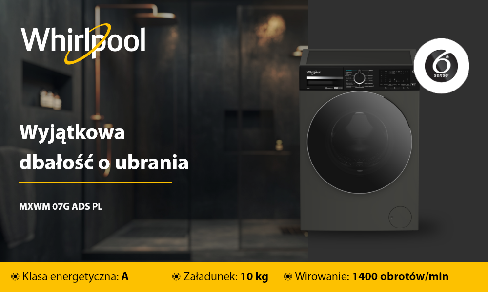 Obraz przedstawia pralkę z logo Whirlpool oraz tekstem: \'Wyjątkowa dbałość o ubrania MXWM 07G ADS PL\'. Na dole widnieje informacja: \'Klasa energetyczna: A-10%, Załadunek: 10 kg, Wirowanie: 1400 obrotów/min\'.