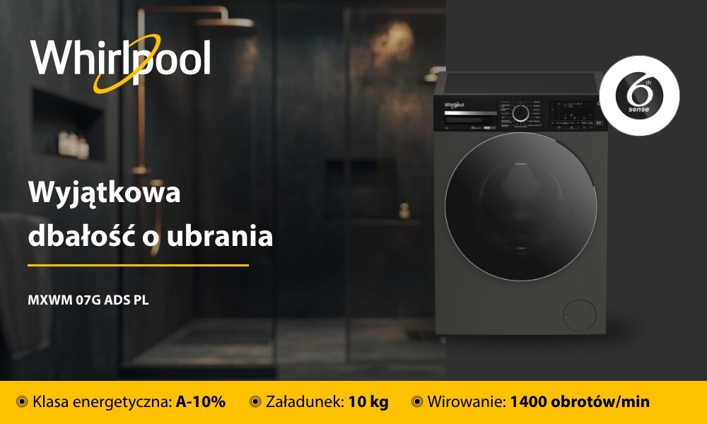 PRALKA WHIRLPOOL MXWM 07G ADS PL Zdjęcie jest grafiką promocyjną pralki Whirlpool w ciemnym kolorze. Na lewej, zaciemnionej części, z tłem w postaci łazienki lub prysznica, znajduje się logo Whirlpool oraz hasło Wyjątkowa dbałość o ubrania i symbol modelu MXWM 07G ADS PL. Prawa strona ukazuje samą pralkę w zbliżeniu oraz logo technologii 6th Sense Na dole grafiki, na pomarańczowym tle, podane są kluczowe specyfikacje: Klasa energetyczna: A-10%, Załadunek: 10 kg oraz Wirowanie: 1400 obrotów/min.