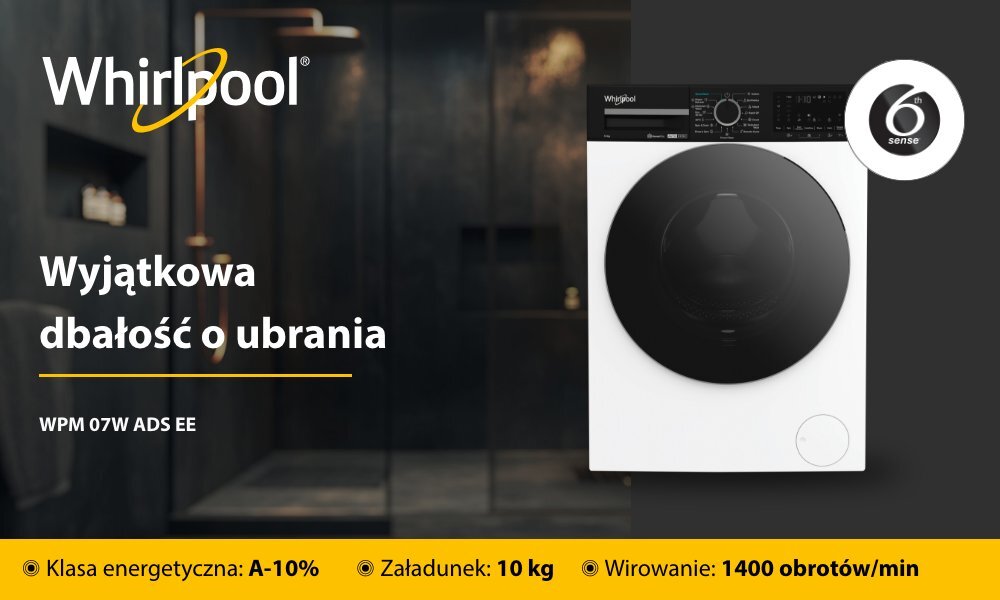 PRALKA WHIRLPOOL WPM 07W ADS EE Zdjęcie jest grafiką promocyjną pralki Whirlpool w białym kolorze. Na lewej, zaciemnionej części, z tłem w postaci łazienki lub prysznica, znajduje się logo Whirlpool oraz hasło Wyjątkowa dbałość o ubrania i symbol modelu WPM 07W ADS EE. Prawa strona ukazuje samą pralkę w zbliżeniu oraz logo technologii 6th Sense Na dole grafiki, na pomarańczowym tle, podane są kluczowe specyfikacje: Klasa energetyczna: A-10%, Załadunek: 10 kg oraz Wirowanie: 1400 obrotów/min.