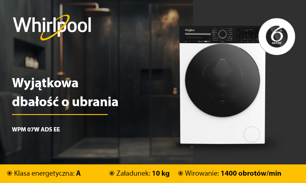 Obraz przedstawia pralkę z logo Whirlpool oraz napisem \'Wyjątkowa dbałość o ubrania\'. Dodatkowe informacje to: klasa energetyczna A, załadunek 10 kg, wirowanie 1400 obrotów/min.