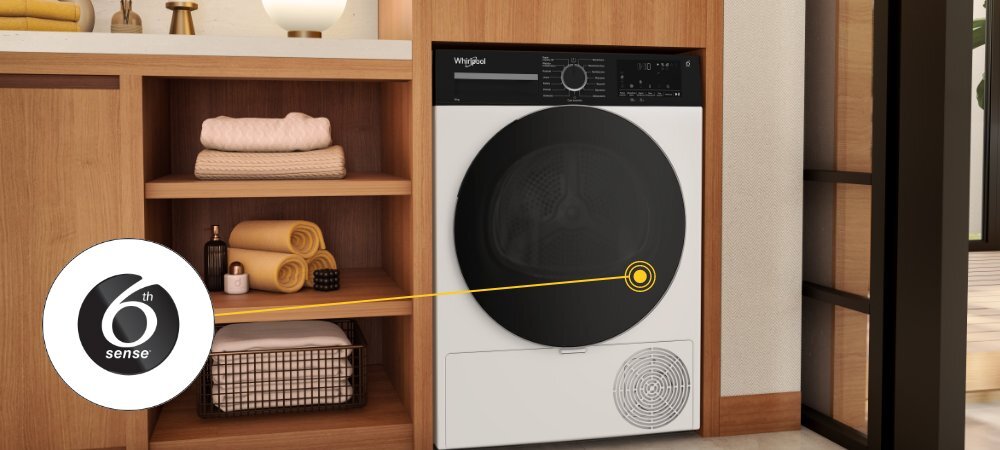 SUSZARKA WHIRLPOOL MX WSD 83M WBS PL lifestyle wizualizacja suszarka front oznaczenie ikona Technologia 6. Zmysł półki ręczniki kosz dekoracje