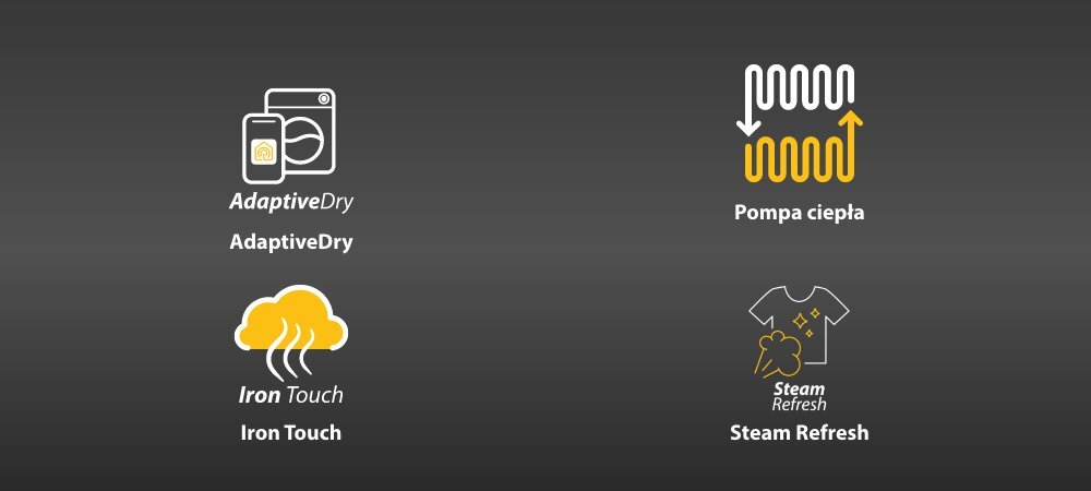 SUSZARKA WHIRLPOOL WP C10X WBS EE lifestyle wizualizacja ikony cechy najważniejsze funkcje AdaptiveDry Pompa ciepła Kompaktowe rozmiary Program Super Szybkie 30’
