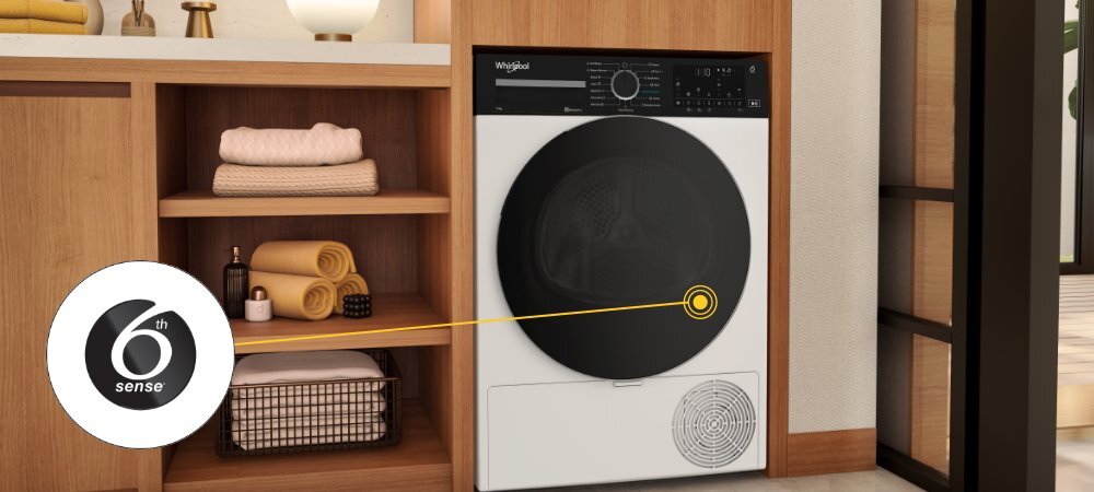 SUSZARKA WHIRLPOOL WP C10X WBS EE lifestyle wizualizacja suszarka front oznaczenie ikona Technologia 6. Zmysł półki ręczniki kosz dekoracje