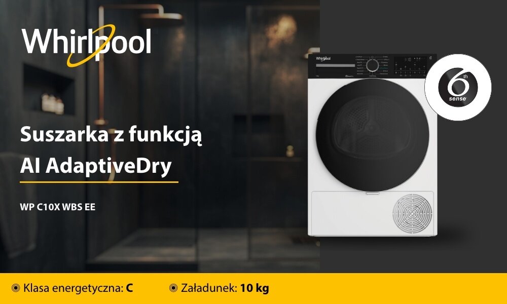 Obraz przedstawia suszarkę Whirlpool z funkcją AI AdaptiveDry, model WP C10X WBS EE, z widocznym logo Whirlpool. Na dole znajduje się informacja: Klasa energetyczna: C, Załadunek: 10 kg.