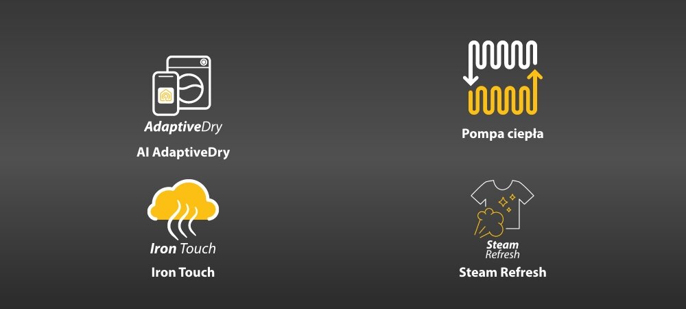 SUSZARKA WHIRLPOOL WP C10X WBS EE lifestyle wizualizacja ikony cechy najważniejsze funkcje AI AdaptiveDry Pompa ciepła Kompaktowe rozmiary Program Super Szybkie 30’