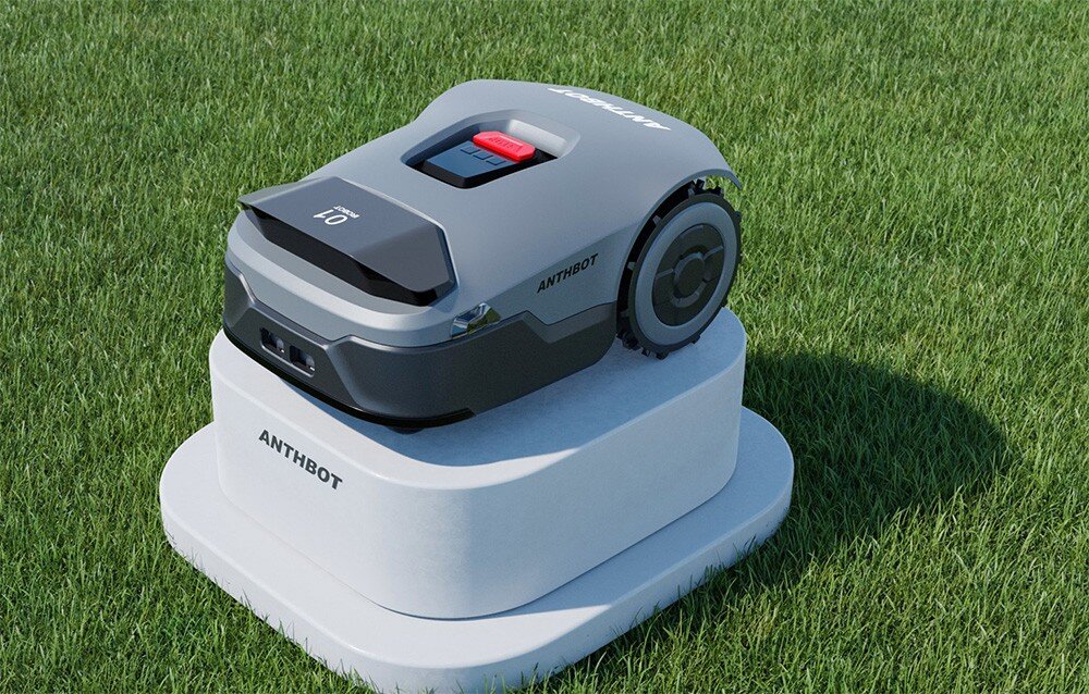 Robot koszący ANTHBOT Genie 1000 trwnik robot umieszczony na postumencie akumulator o pojemności 5000 mAh do 120 minut pracy bez przerwy koszenie do 1000 m² podczas jednego cyklu inteligentny system zarządzania energią
