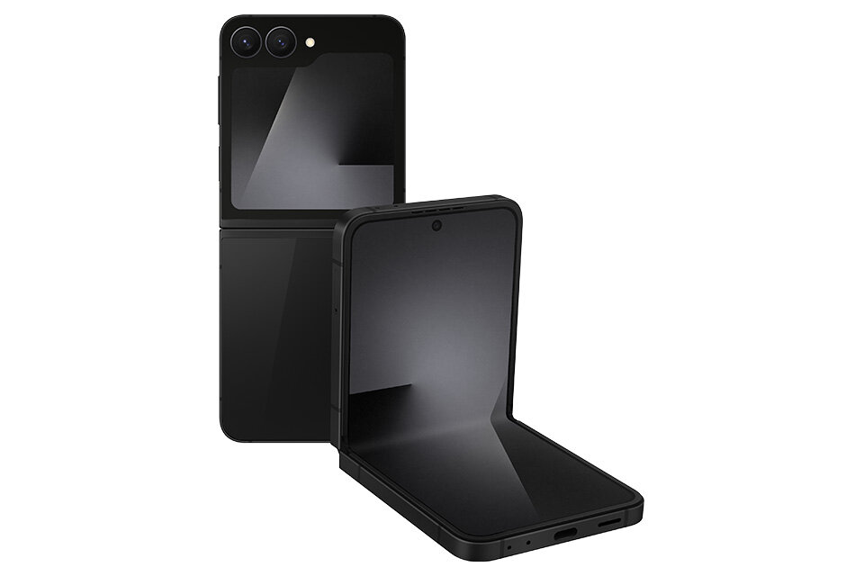 Galaxy Z Flip7 FE w kolorze czarnym widziany jest rozłożony z tyłu, a inne urządzenie jest widoczne w trybie FlexMode na ekranie głównym. Galaxy Z Flip7 FE w kolorze czarnym widziany jest rozłożony z tyłu, a inne urządzenie jest widoczne w trybie FlexMode na ekranie głównym.