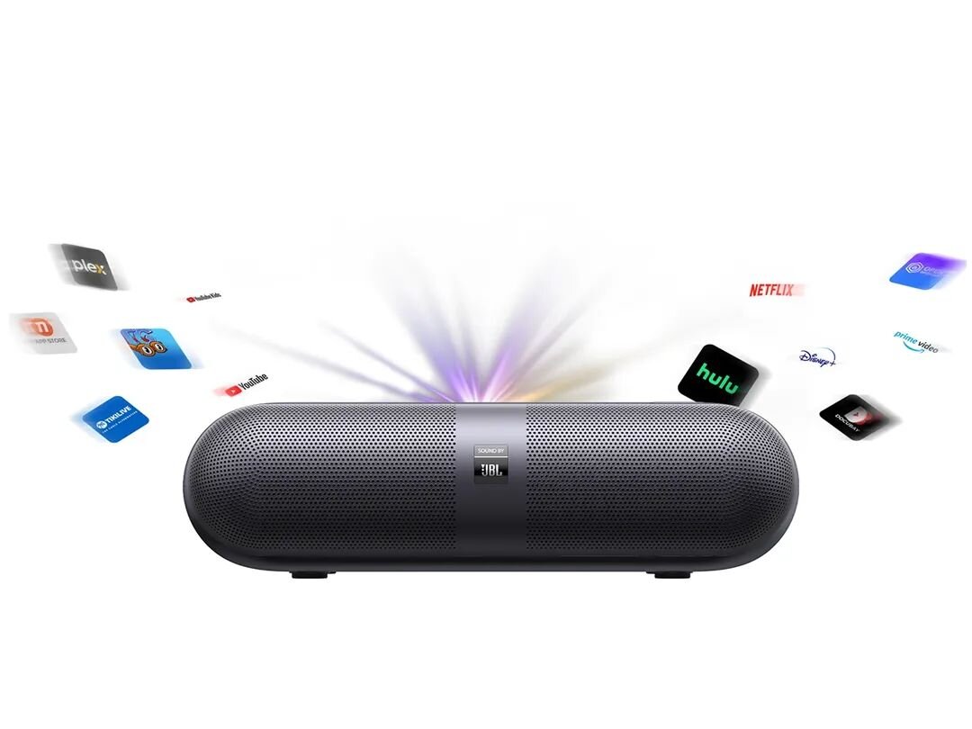 Projektor YABER K300s - Smart TV i szybkie łącza, Wi-Fi 6, Bluetooth 5.1, HDMI ARC, projektor od frontu, w tle logo różnych aplikacji