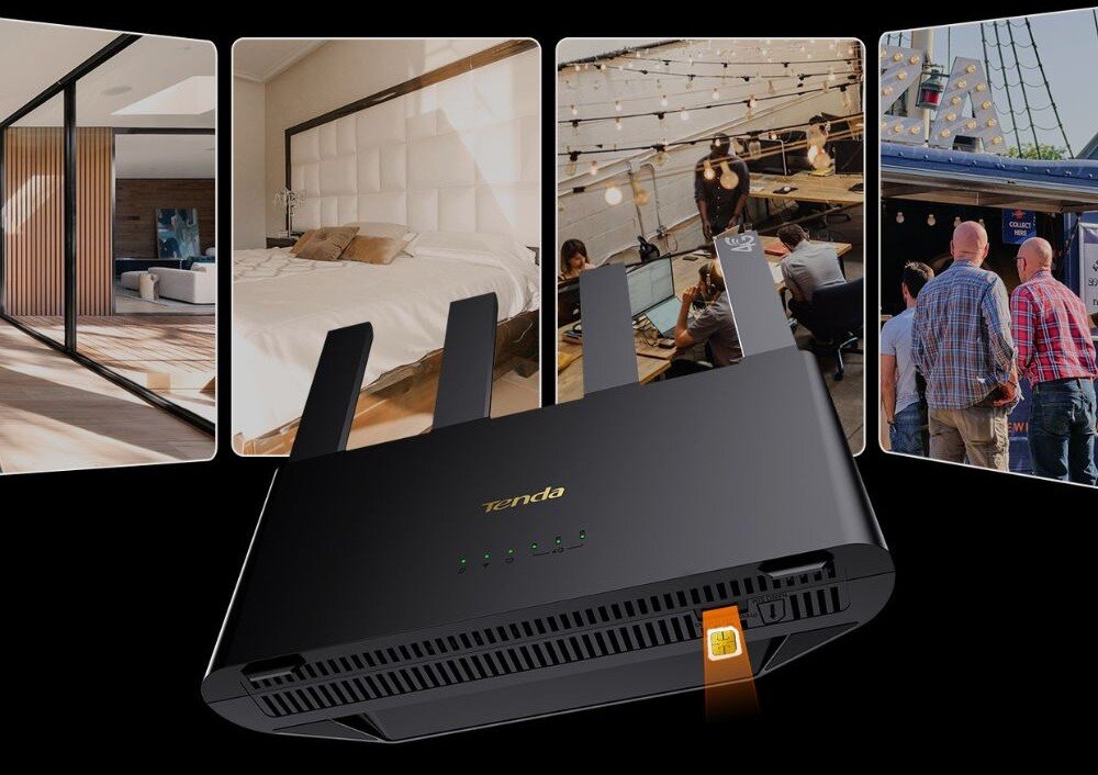 Router TENDA 4G08 Router 4G08, do którego wkładana jest karta Nano-SIM, w tle zdjęcia różnych miejsc, w których można wykorzystać router