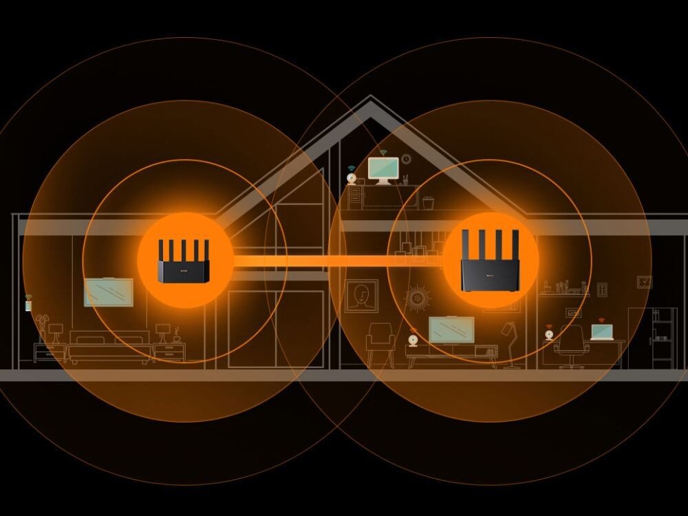 Router TENDA 4G08 Przekrój domu, na nim dwa routery Tenda, od których rozchodzą się kręgi symbolizujące Wi-Fi