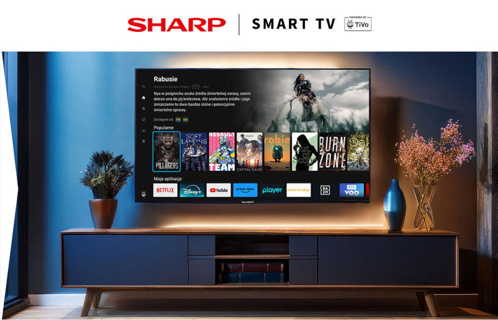Telewizor SHARP 55GM6141E - Wygodny dostęp do treści, TiVo, telewizor zawieszony na ścianie nad komodą