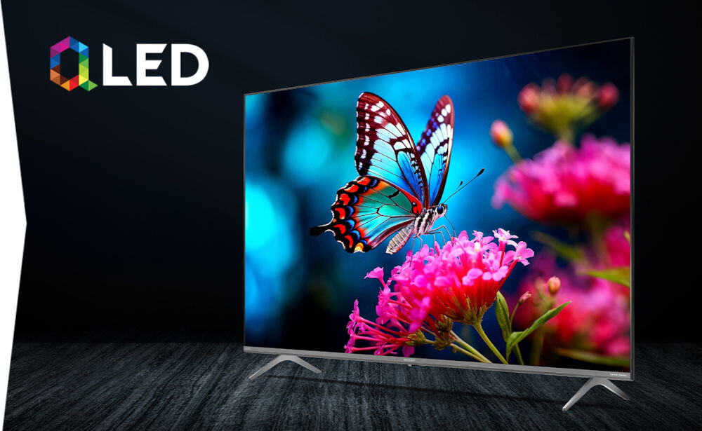 Telewizor SHARP 55GM6141E - Realistyczne kolory QLED, telewizor pod skosem stojący na podłodze