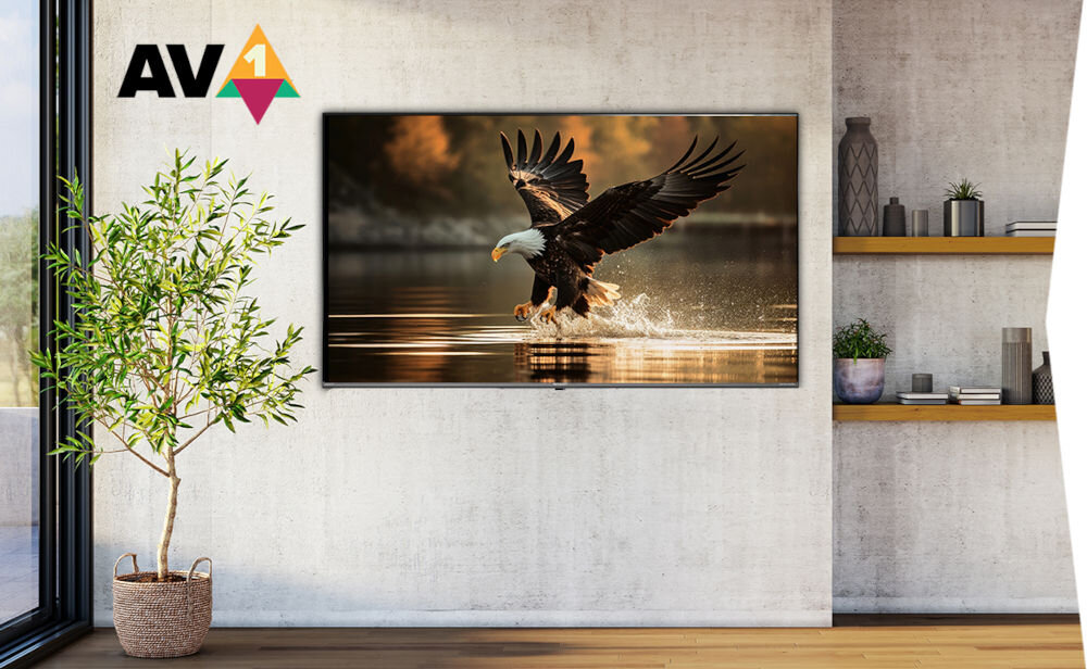 Telewizor SHARP 55GM6141E - Streaming z kodekiem AV1, telewizor zawieszony na ścianie w salonie