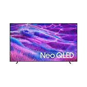 Telewizor z wyświetlaczem pokazującym abstrakcyjne, kolorowe wzory w odcieniach fioletu i niebieskiego, z widocznym napisem \'Neo QLED\'.