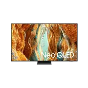 Telewizor z dużym ekranem wyświetlający kolorowy, abstrakcyjny wzór z napisem \'Neo QLED\'.