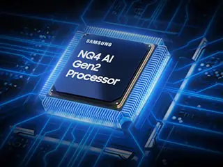 Obraz przedstawia procesor z napisem \'SAMSUNG NQ4 AI Gen2 Processor\' na tle niebieskich linii przypominających obwody elektroniczne.