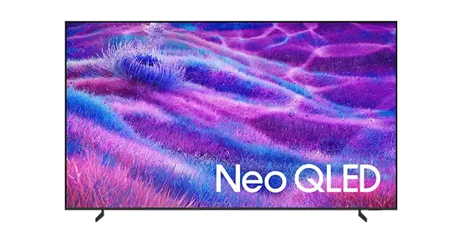 Telewizor z wyświetlaczem pokazującym kolorowy, abstrakcyjny wzór w odcieniach fioletu i różu. Na ekranie widoczny jest napis \'Neo QLED\'.