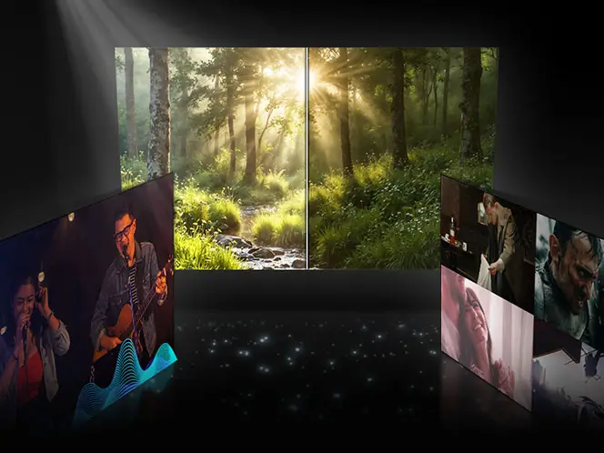Obraz przedstawia kilka ekranów telewizorów wyświetlających różne sceny, w tym las z promieniami słońca, koncert, oraz sceny z filmów. Tło jest ciemne, a na podłodze widoczne są świetlne refleksy.