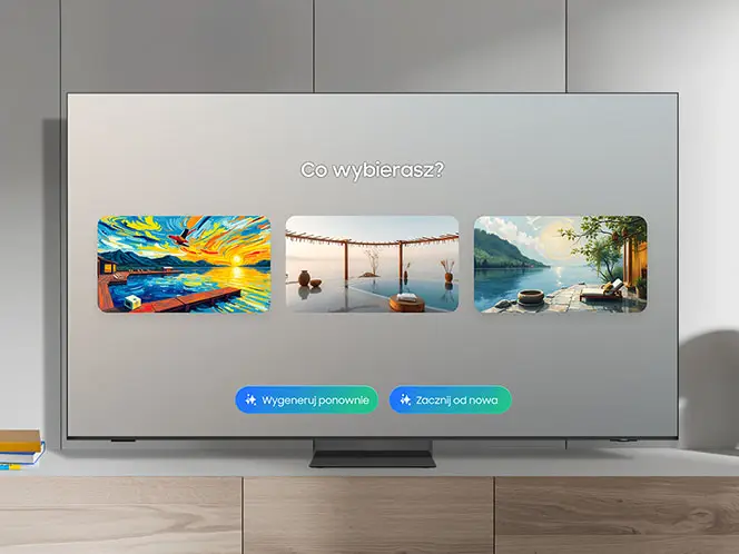 Telewizor wyświetla ekran z trzema miniaturami obrazów i pytaniem \'Co wybierasz?\'. Pod miniaturami znajdują się dwa przyciski: \'Wygeneruj ponownie\' i \'Zacznij od nowa\'.